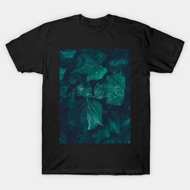 Dark emerald green ivy leaves water drops T-Shirt by PLdesign